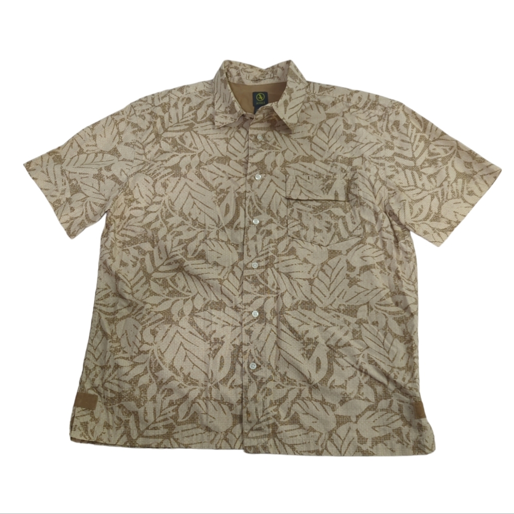 Aigle button up shirt, khaki Hawaiian, leaves, men's size large